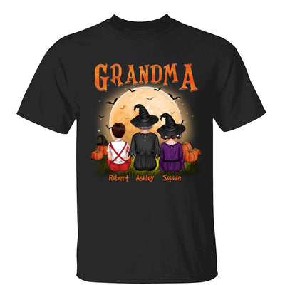 Grandma & Grandkids Back View Under Moonlight Halloween Personalized Shirt