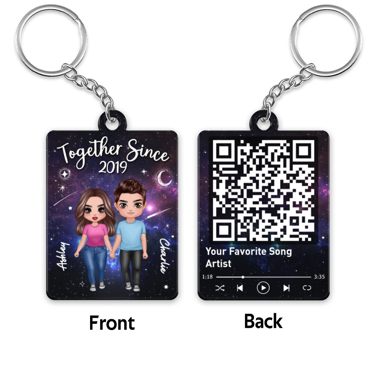 Doll Couple Standing In Galaxy Night Favorite Song Scannable QR Code Personalized Acrylic Keychain