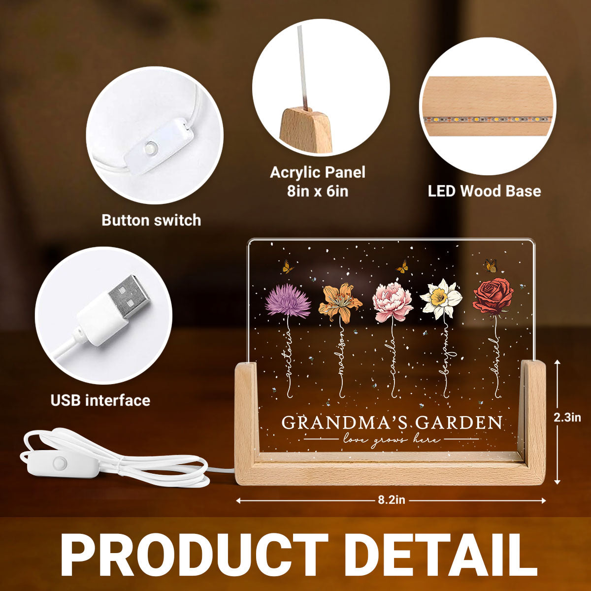 Grandma's Garden Love Grows Here Birthmonth Flowers Personalized U-Base Acrylic LED Night Light, Grandkids Names Floral Gift