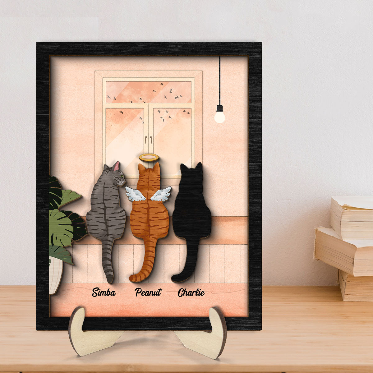 Cat Portrait Print Looking At Birds Outside Window Personalized 2-Layer Wooden Plaque