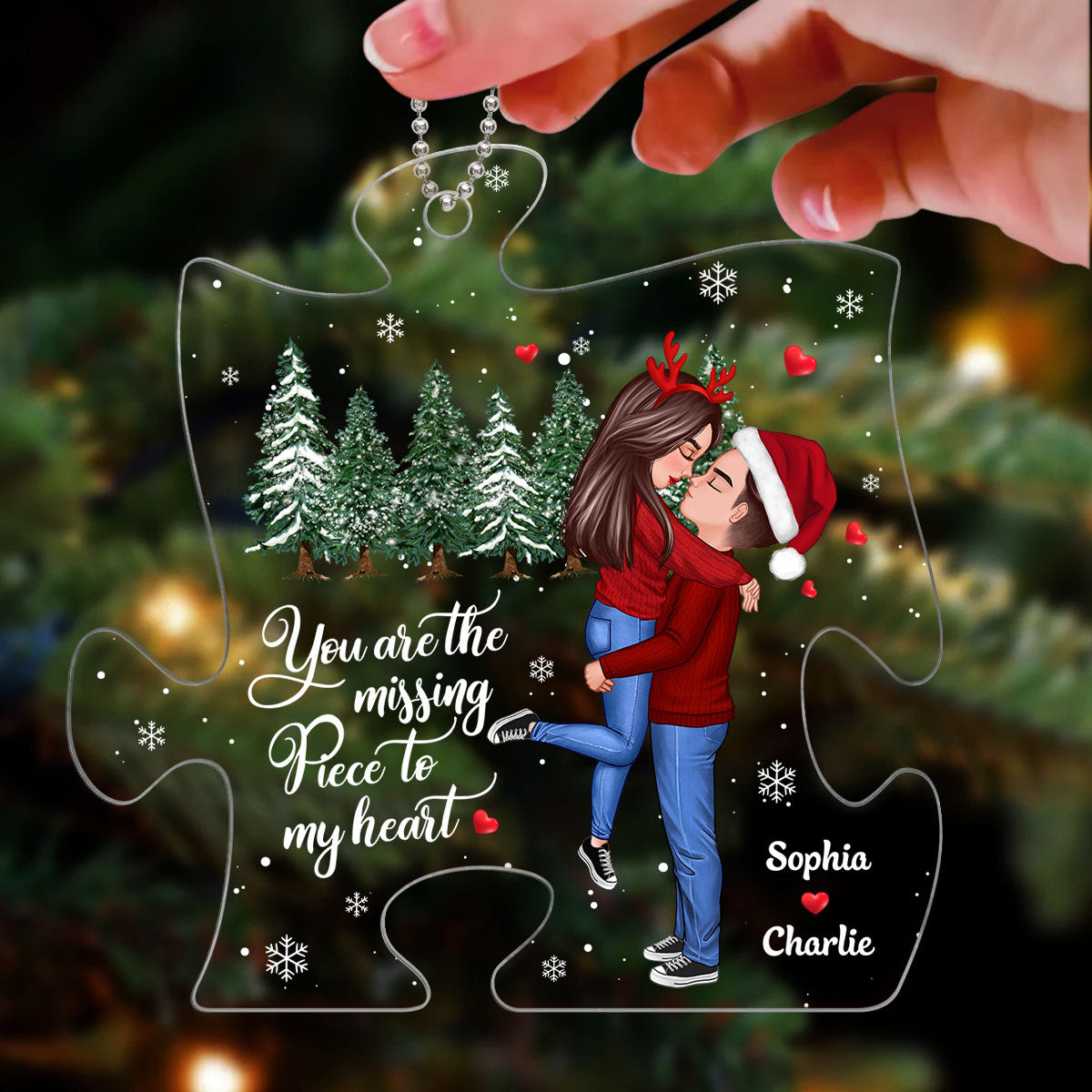 The Missing Piece To My Heart Christmas Winter Doll Couple Hugging Kissing Personalized Acrylic Ornament