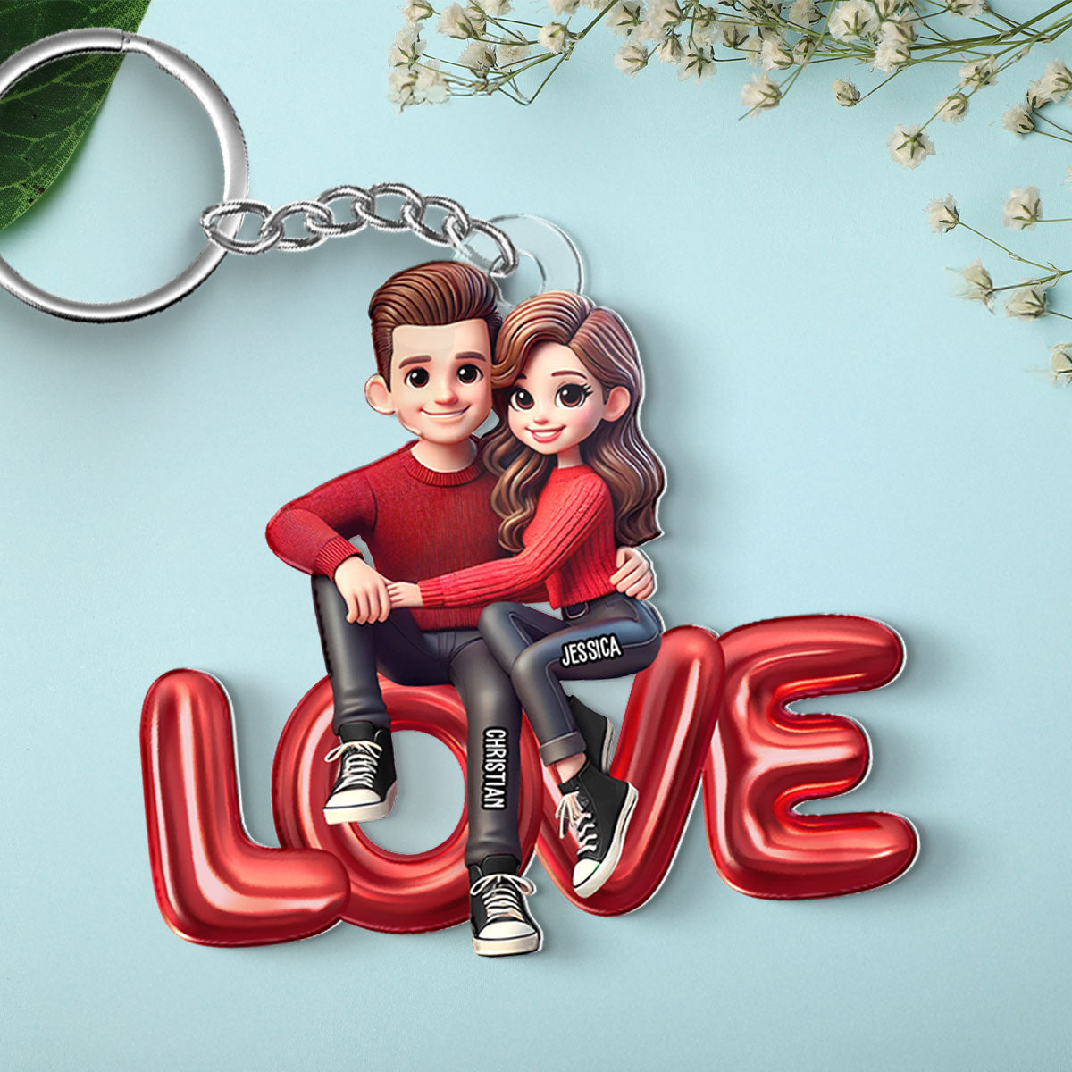 3D Effect Couple Sitting On LOVE Personalized Acrylic Keychain,  gift, Anniversary Gift for Couples