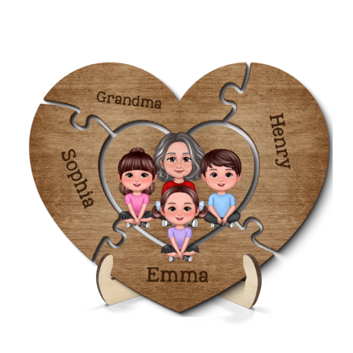 Grandma Grandkids Sitting Puzzle Heart Mother‘s Day Gift Personalized 2-Layer Wooden Plaque