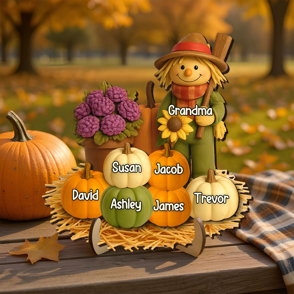 Fall Scarecrow Grandma with Pumpkins Grandkids Names 3D Effect - Personalized 2-Layered Wooden Plaque