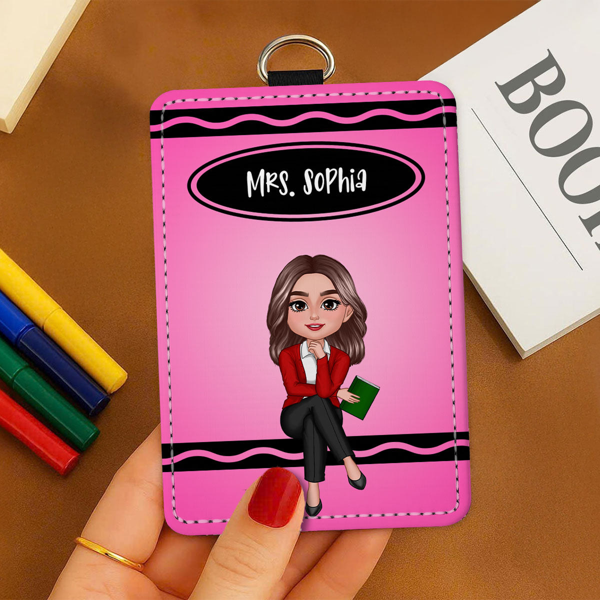 Crayon Themed Teacher Sitting Personalized ID Badge Holder, Back To School Gift
