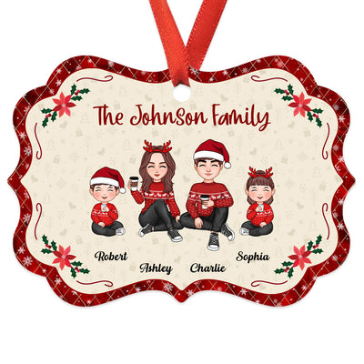 Cute Family Doll Mom Dad Kid Dog Cat Red Border Christmas Themed Personalized Christmas Ornament