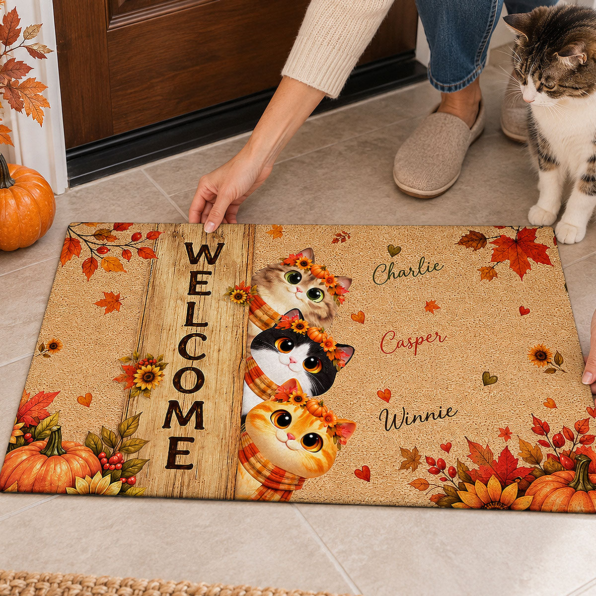 Cozy Fall Cat Welcome - Personalized Doormat - Fall Season Decoration