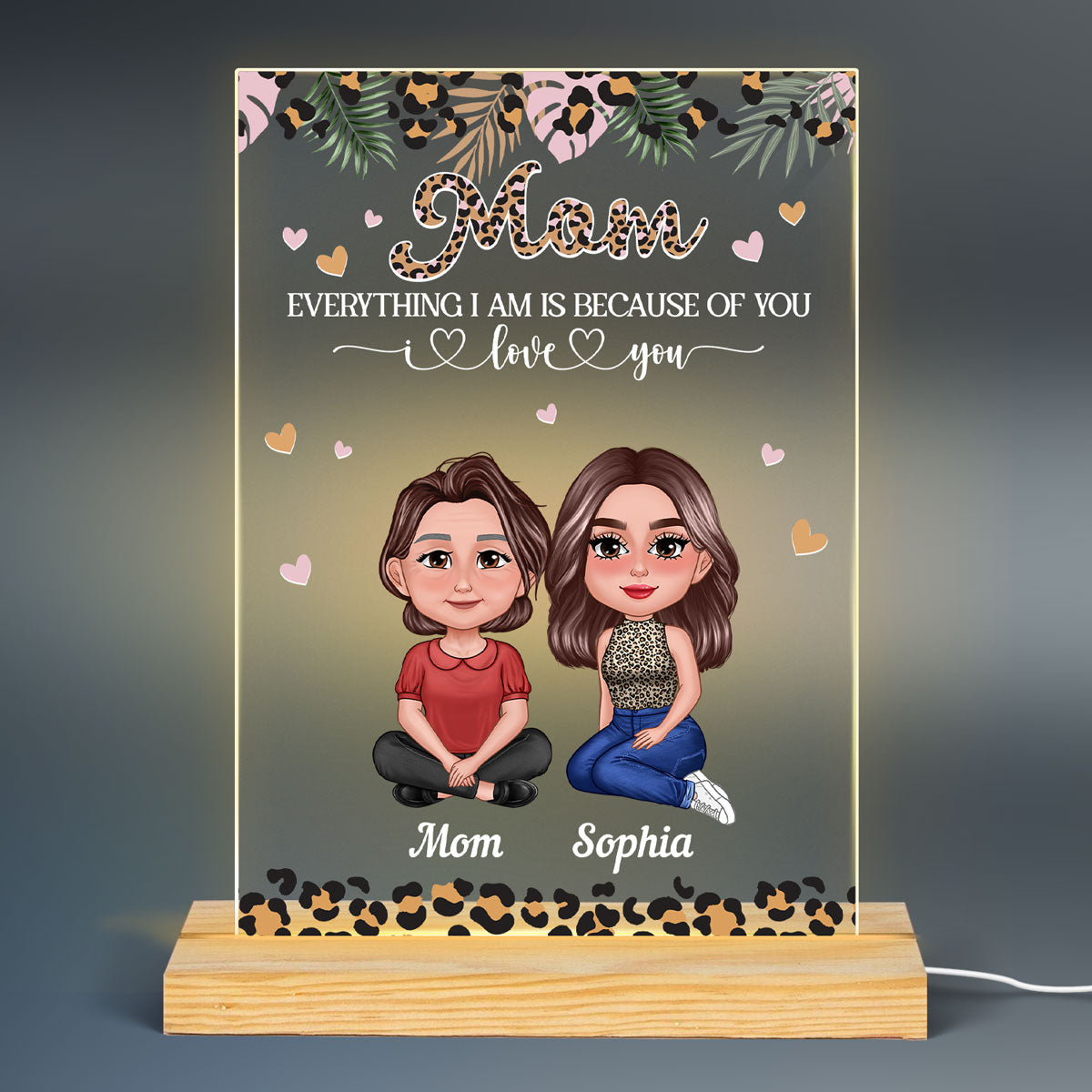 Pretty Doll Leopard Mom Daughters Personalized Acrylic LED Night Light