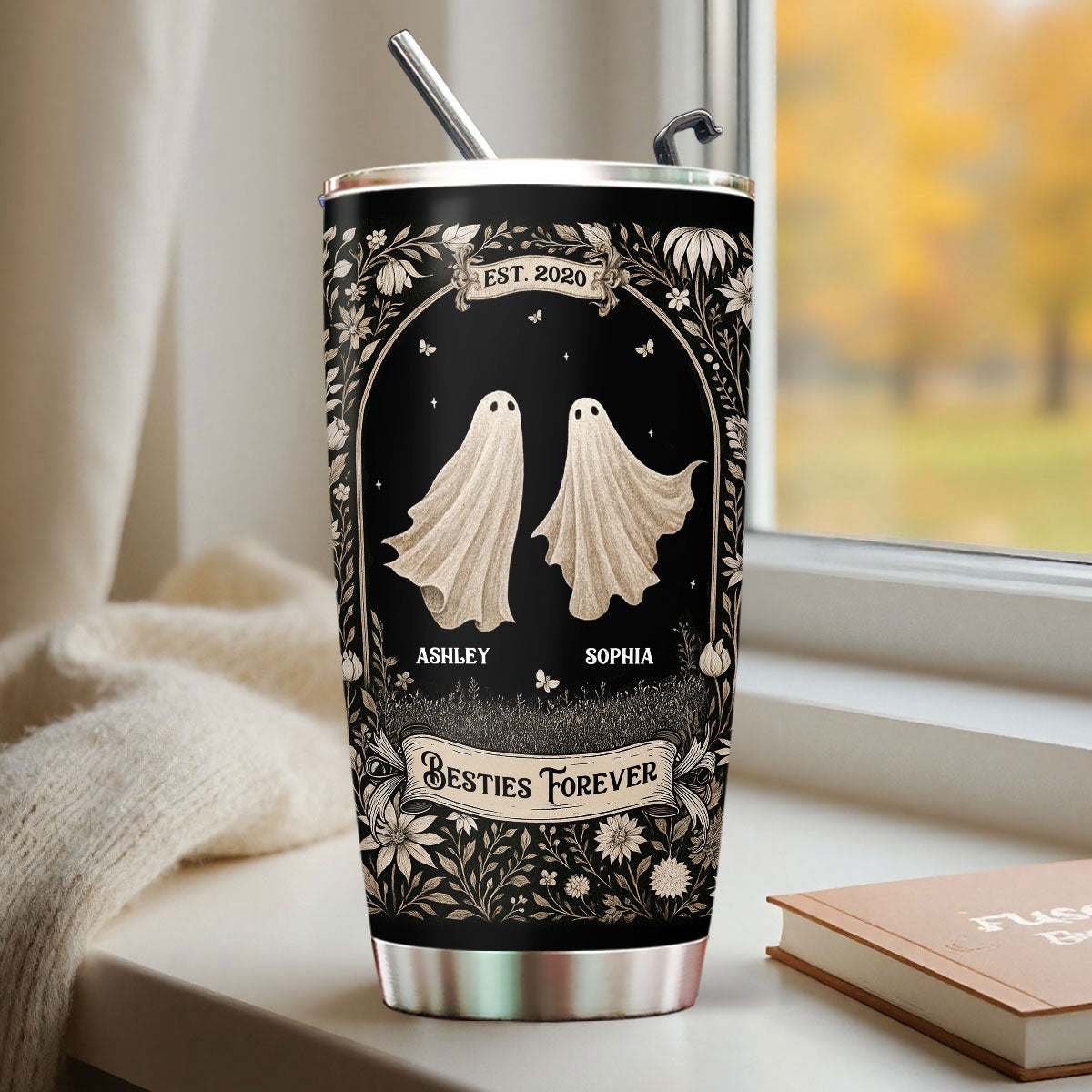 Ghost Friends Vintage Gothic Background Personalized Tumbler, Halloween gift for Besties, Sisters