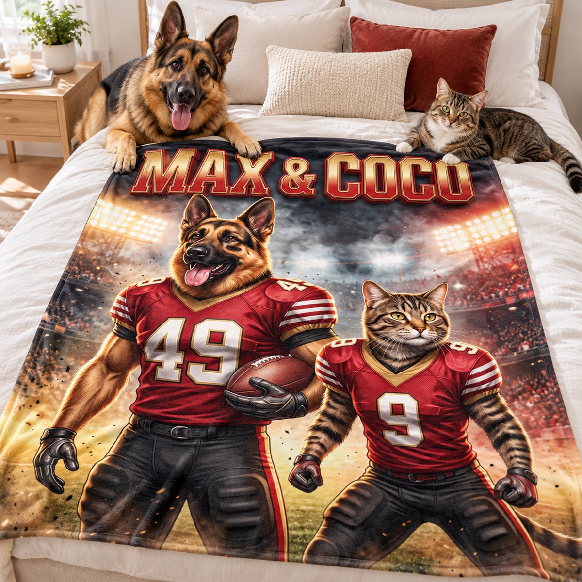 Custom Football Dog Cat Portrait from Photo - Personalized Fleece Blanket - Christmas Gift for Pet Lovers