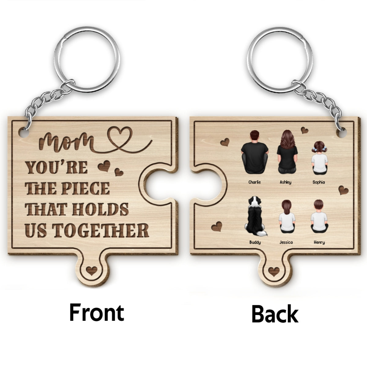 Mom You‘re The Piece That Holds Us Together Personalized Wooden Keychain