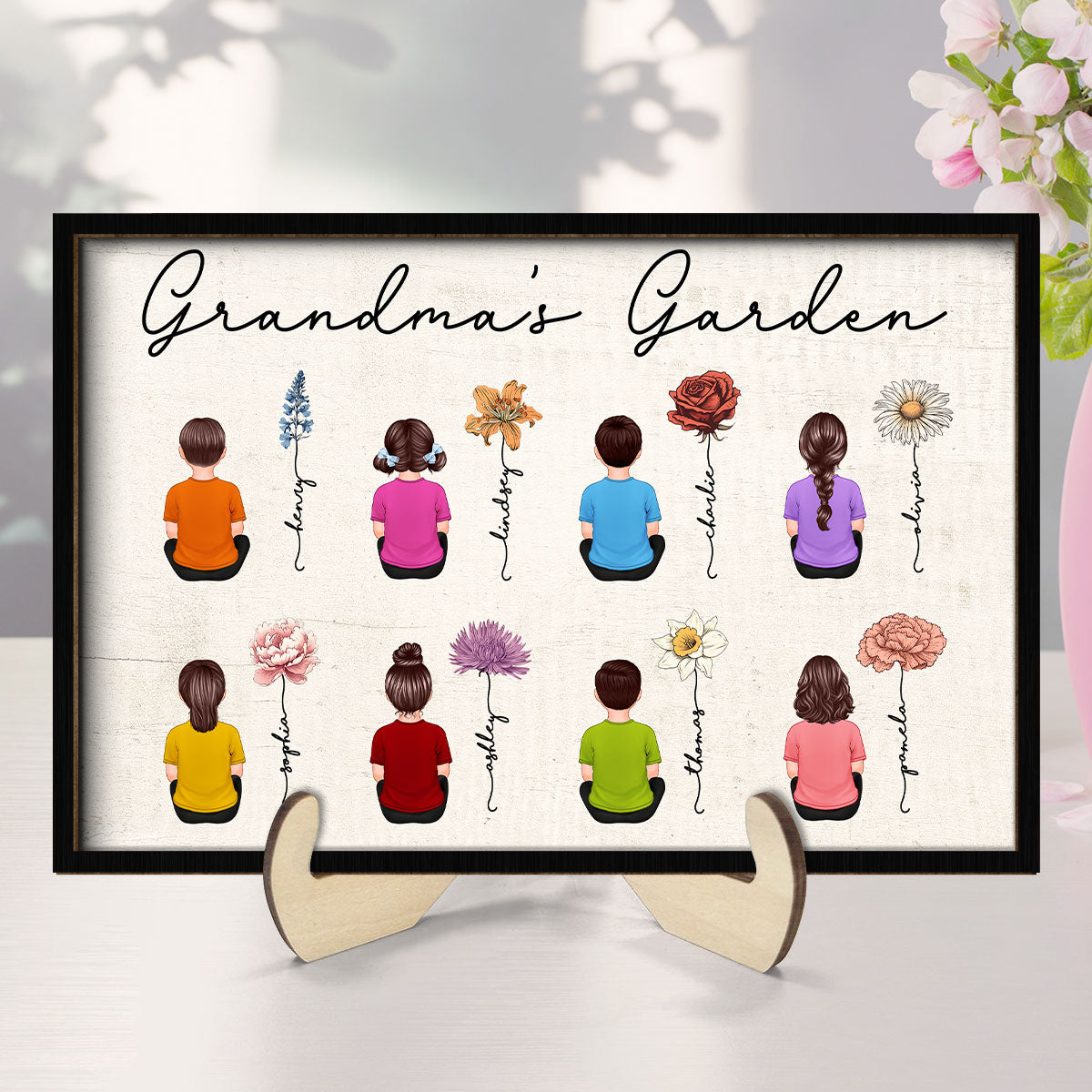 Grandkids Sitting Grandma Garden Vintage Birth Month Flowers Mother‘s Day Gift Personalized 2-Layer Wooden Plaque