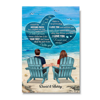 Couple Back View Sitting At Beach Text In Hearts Personalized Vertical Poster