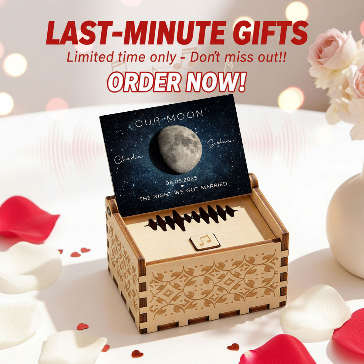 Our Moon Custom Moon Phase & Favorite Song - Personalized Wooden Music Box - Valentine's Day Gift For Him, Gift For Her