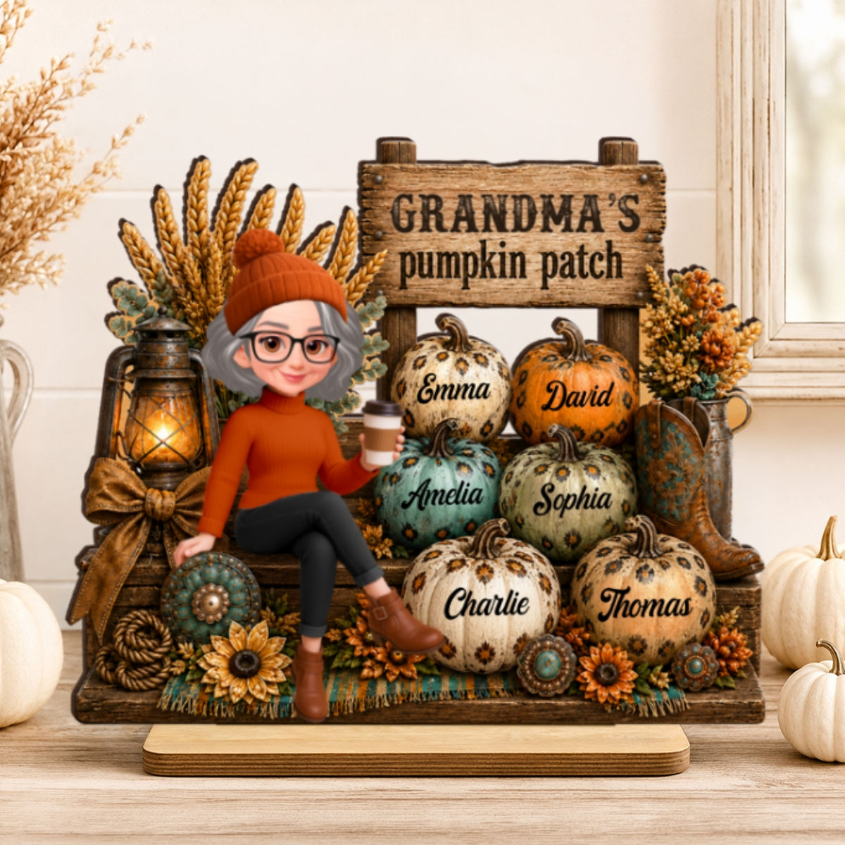 Grandma Pumpkin Patch Western Fall Vibe - Personalized 2-Layered Wooden Plaque - Fall Gift for Grandma