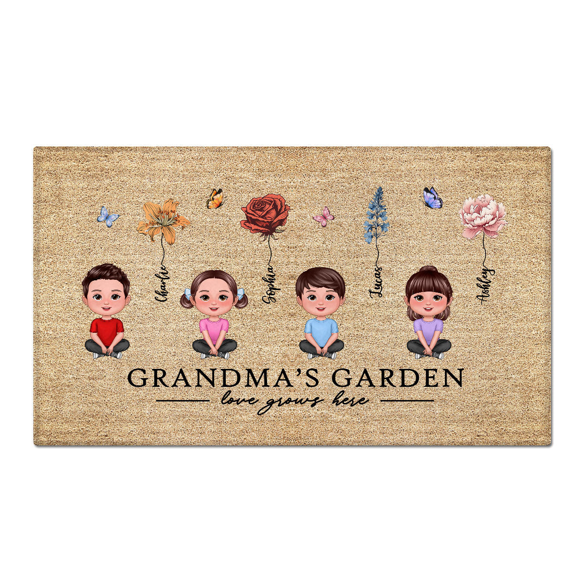 Love Grows Here Grandma Garden Birth Month Flowers Grandkids Crossed Legs Personalized Doormat