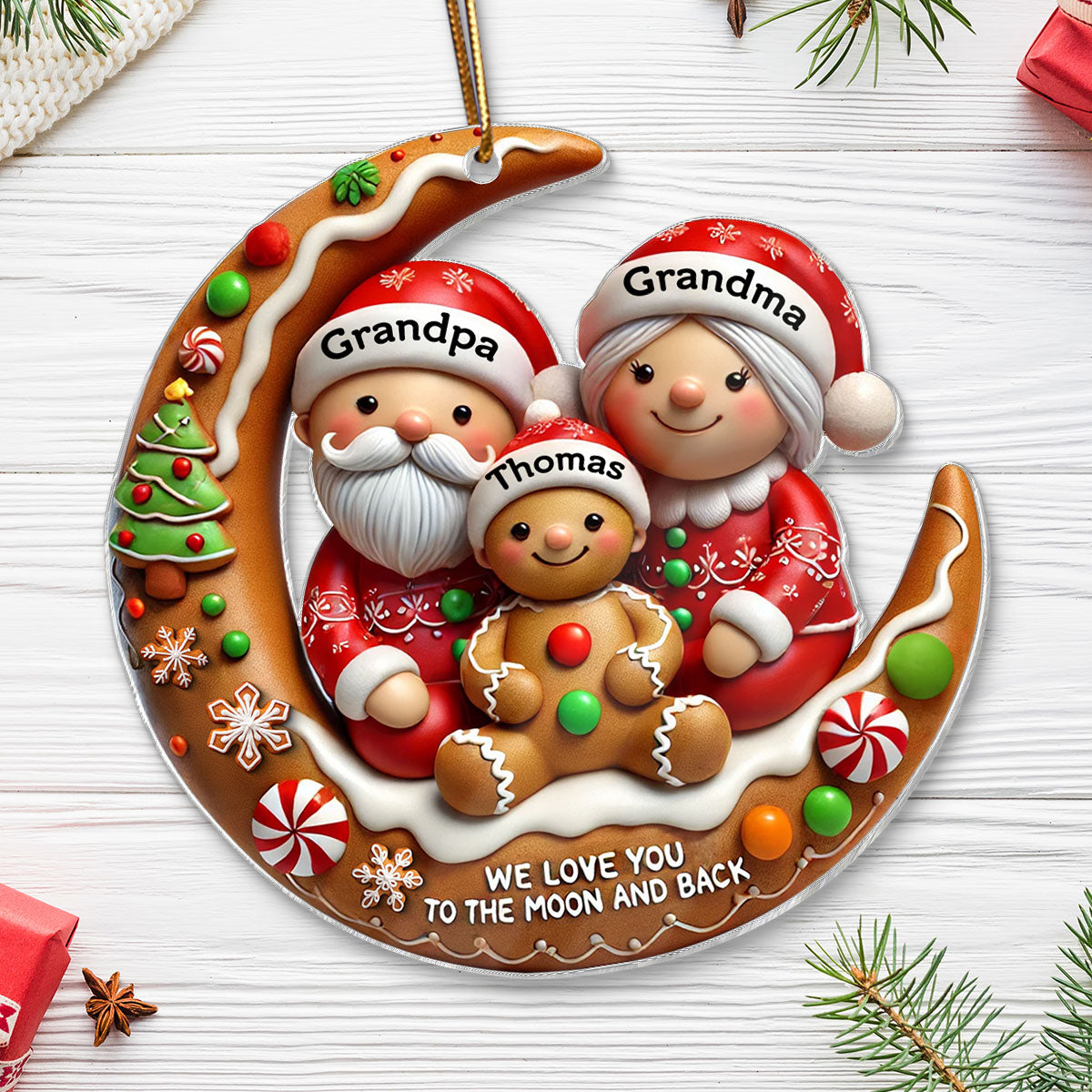 3D Effect Gingerbread Grandma Grandpa Hugging Grandkid On Moon Christmas Personalized Acrylic Ornament, Gift For Granddaughter, Grandson
