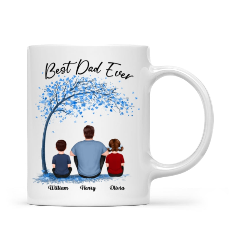 Blue Tree Best Dad Ever Back View Man Sitting With Kids Dogs Cats Father‘s Day Gift Personalized Mug