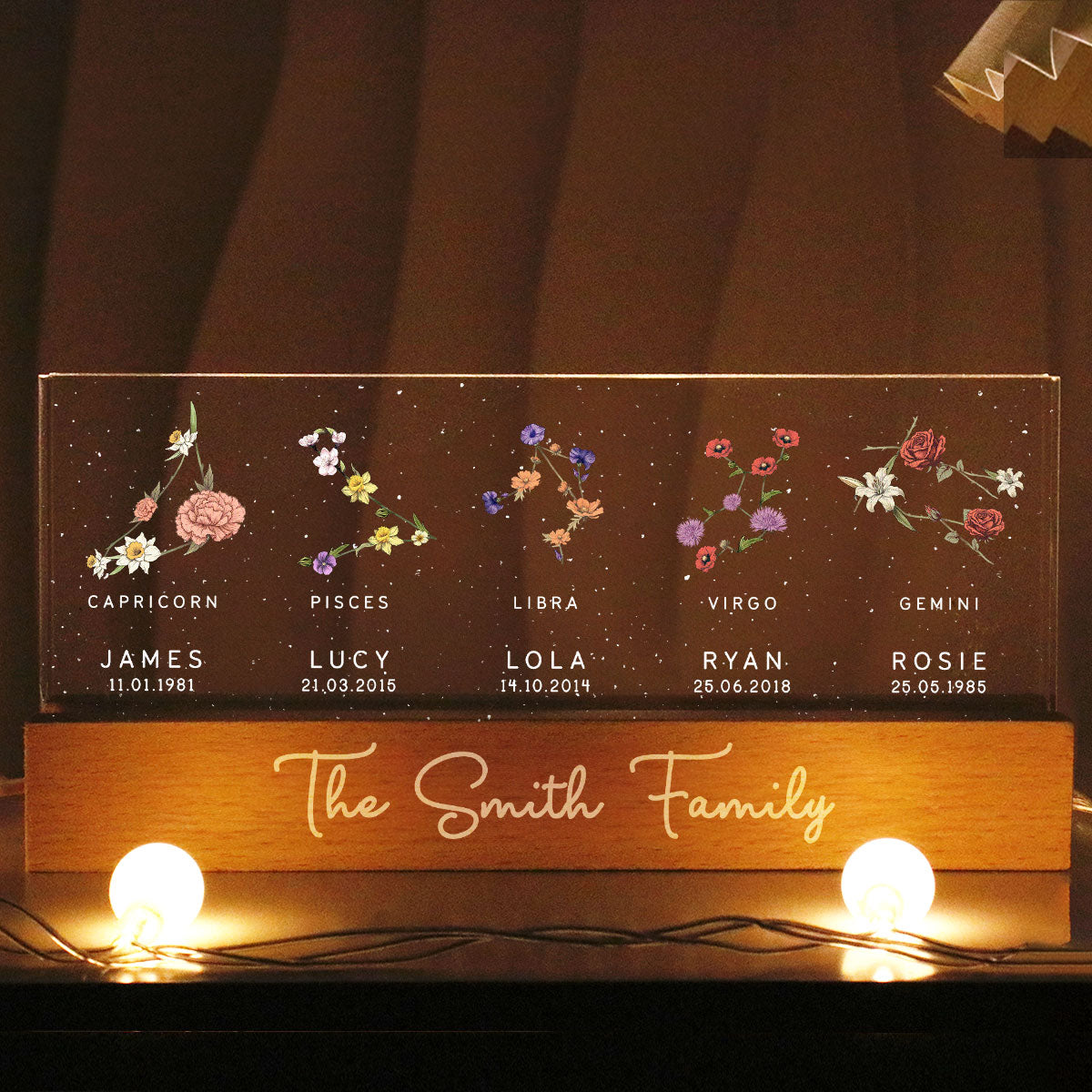 Family Zodiac Sign Birth Month Flowers Personalized Acrylic LED Night Light