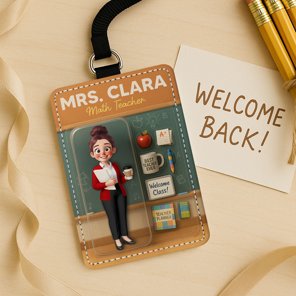 3D Effect Teacher Figure Style Personalized ID Badge Holder, Back To School Gift For Teacher Colleagues