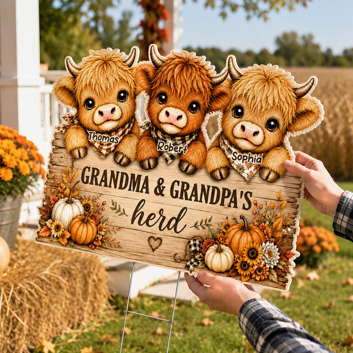 Cozy Warm Fall Season Grandpa Grandma's Herd Highland Cows - Personalized Yard Sign - Fall Decor For Grandparents