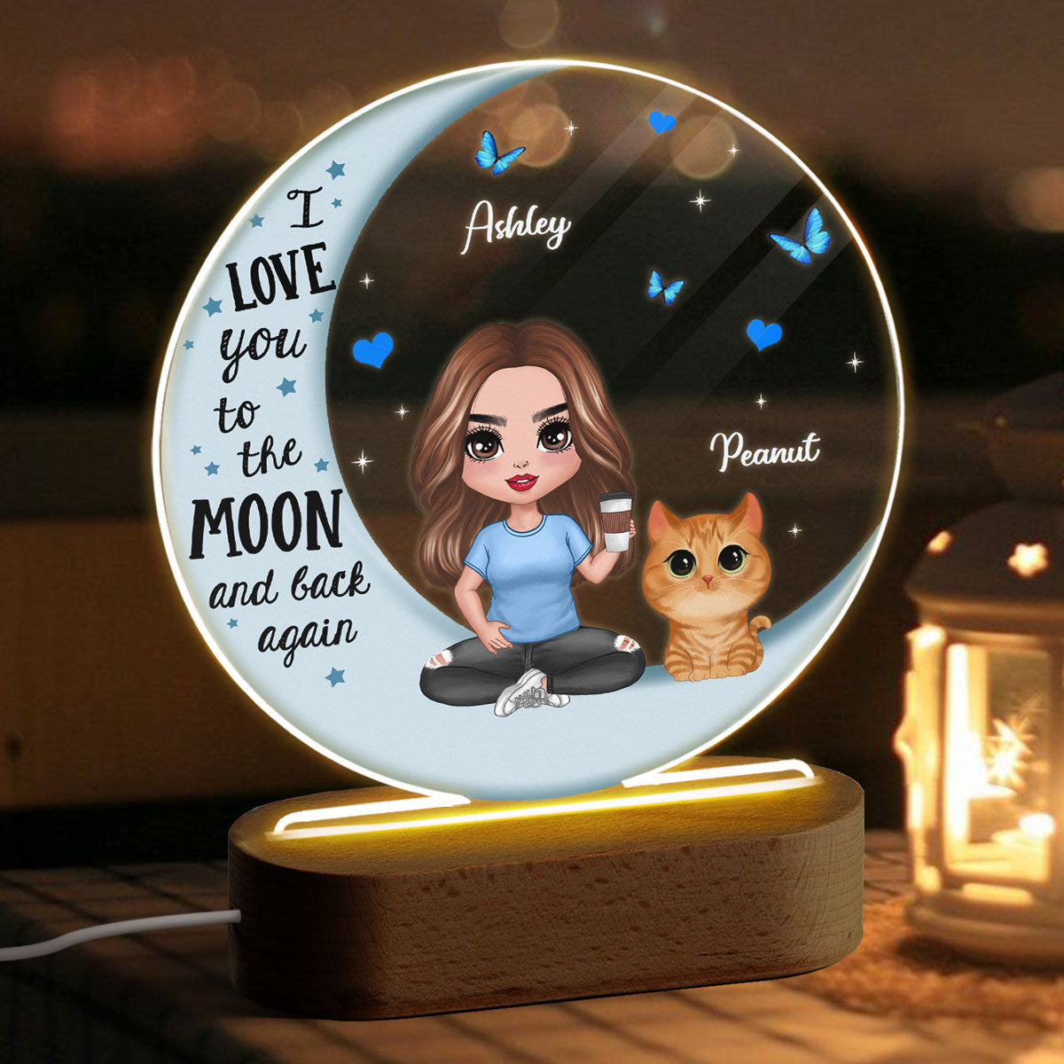 Cat Mom Blue Moon Personalized Circle LED Night Light Acrylic LED Lamp