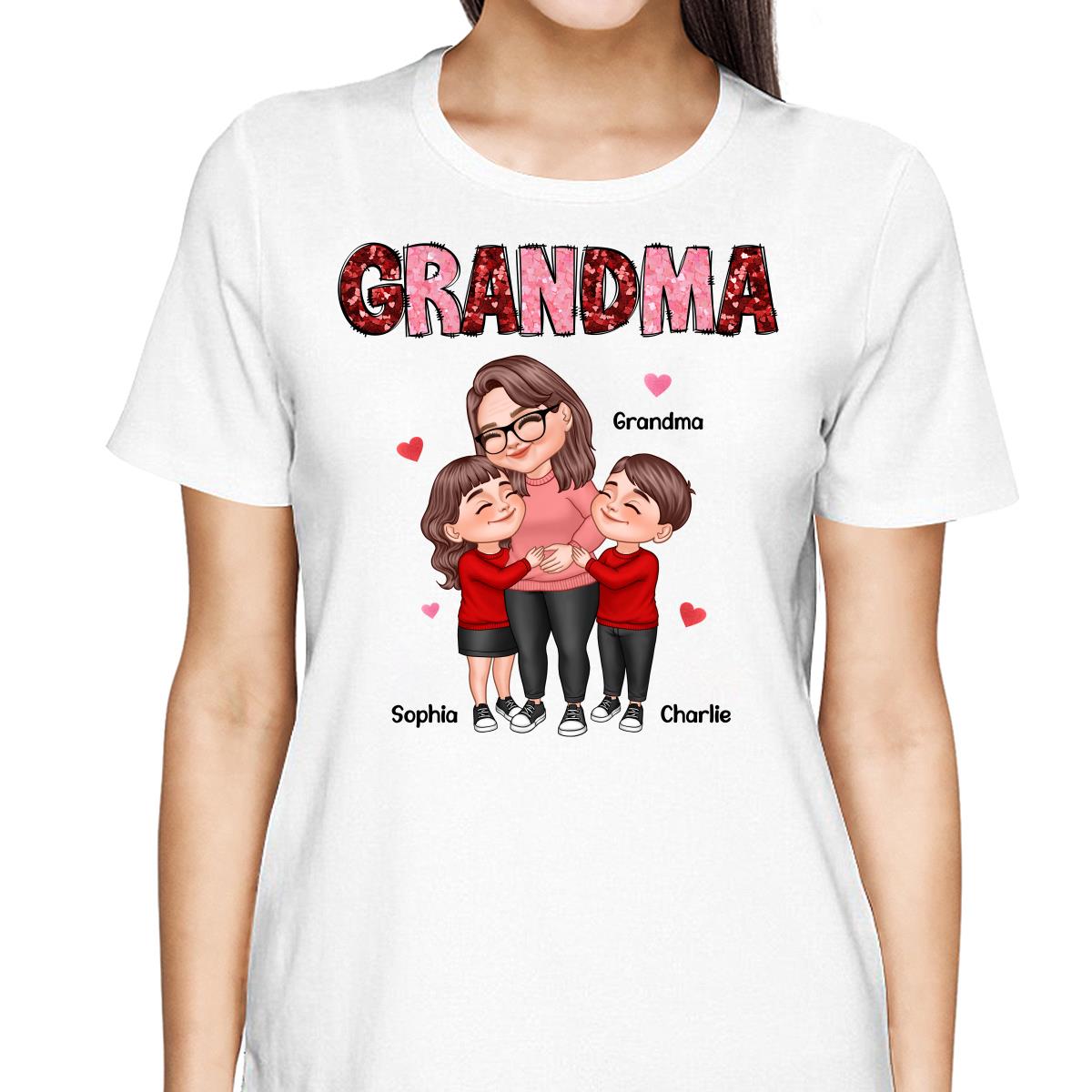 Grandma Grandkids Hugging Red & Pink Hearts Sequins Effect Personalized Shirt