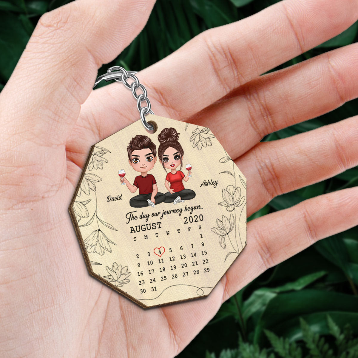 Floral Doll Couple Sitting Calendar Anniversary Date Gift For Him For Her Personalized Wooden Keychain