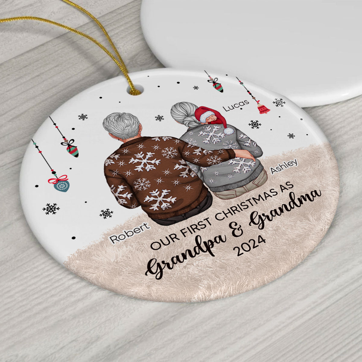 Our First Christmas As Grandma & Grandpa Personalized Circle Ceramic Ornament