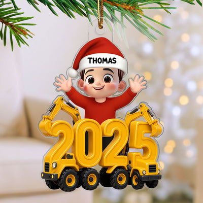 3D Effect Happy Kid With Excavator Numbers - Personalized Acrylic Ornament - Christmas Gift For Kids, Grandkids, Granddaughter, Grandson