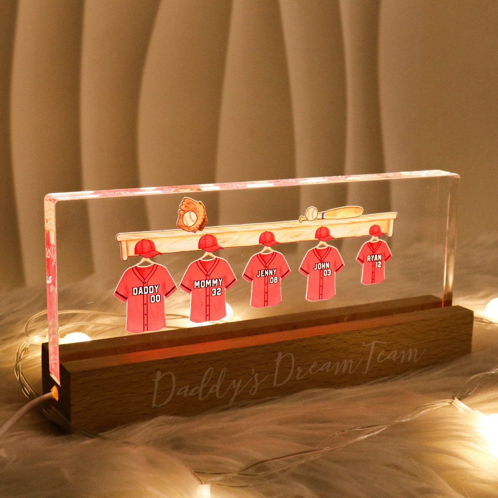 Daddy's Baseball Team Personalized Acrylic Block LED Night Light