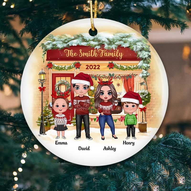 Family Standing On Front Porch Christmas Personalized Circle Ornament