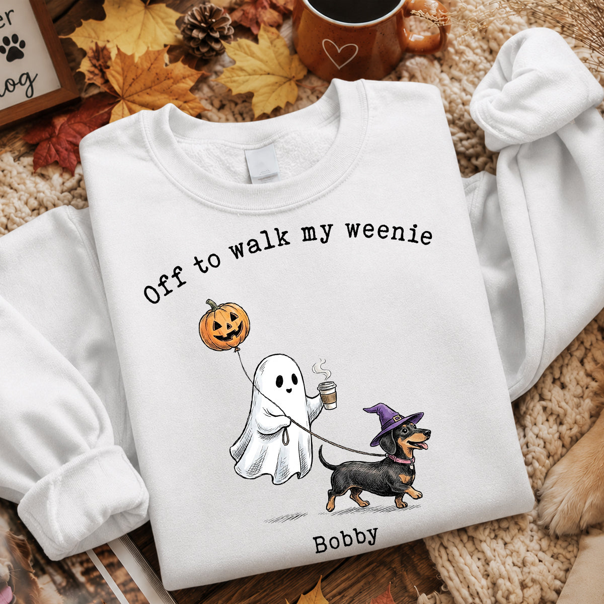 Off to Walk My Dog - Personalized Shirt - Halloween Spooky Ghost Trendy Tee for Dog Moms, Dog Dads