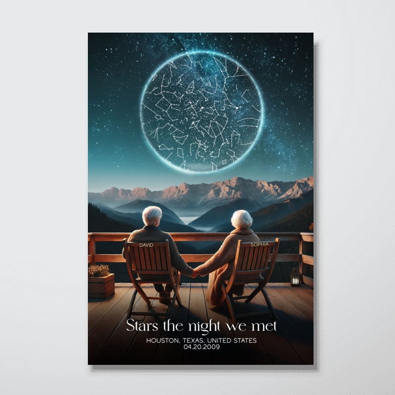 Custom Star Map Personalized Poster, Romantic Old Couple Sitting on the Beach