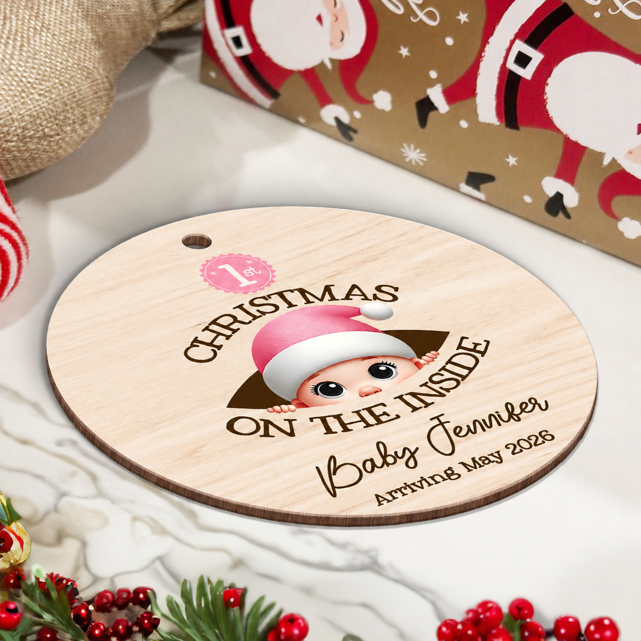 Personalized Baby's First Christmas On the Inside Wooden Ornament, Custom Pregnancy Reveal Ornament, Expecting Parents