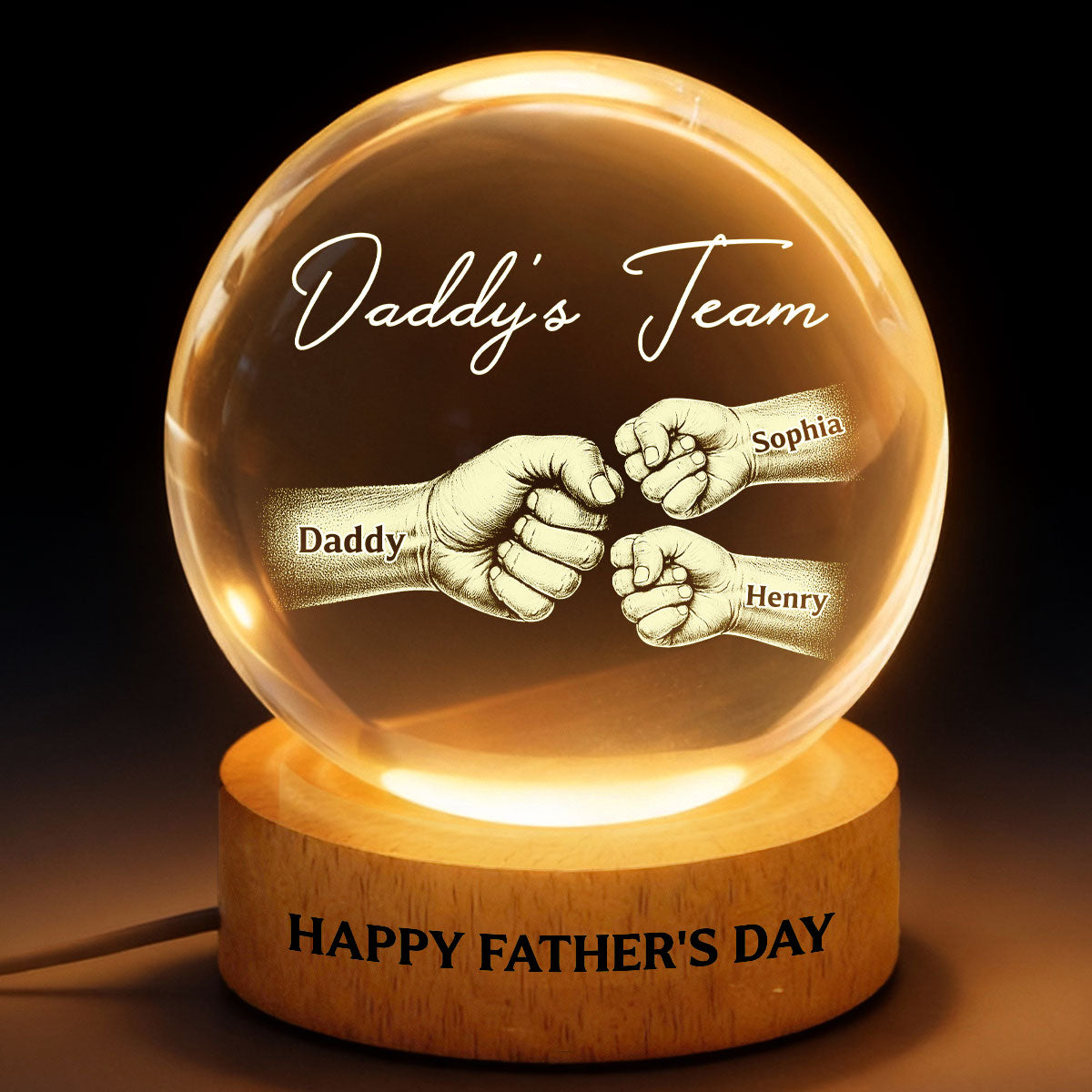 Daddy's Team Fist Bump - Personalized Crystal Ball LED Night Light - Father's Day Gift For Dad, Husband