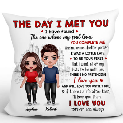 Doll Couple Standing Skyline The Day I Met You Gift For Him For Her Personalized Pillow