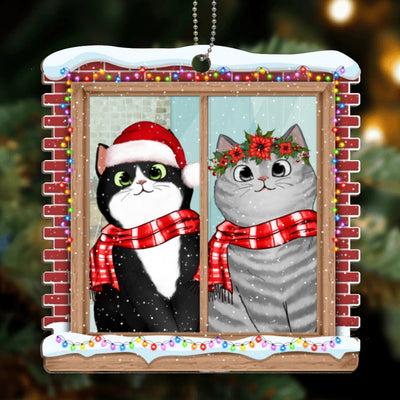 Cute Fluffy Cat Peeking By Window Personalized Wooden Ornament