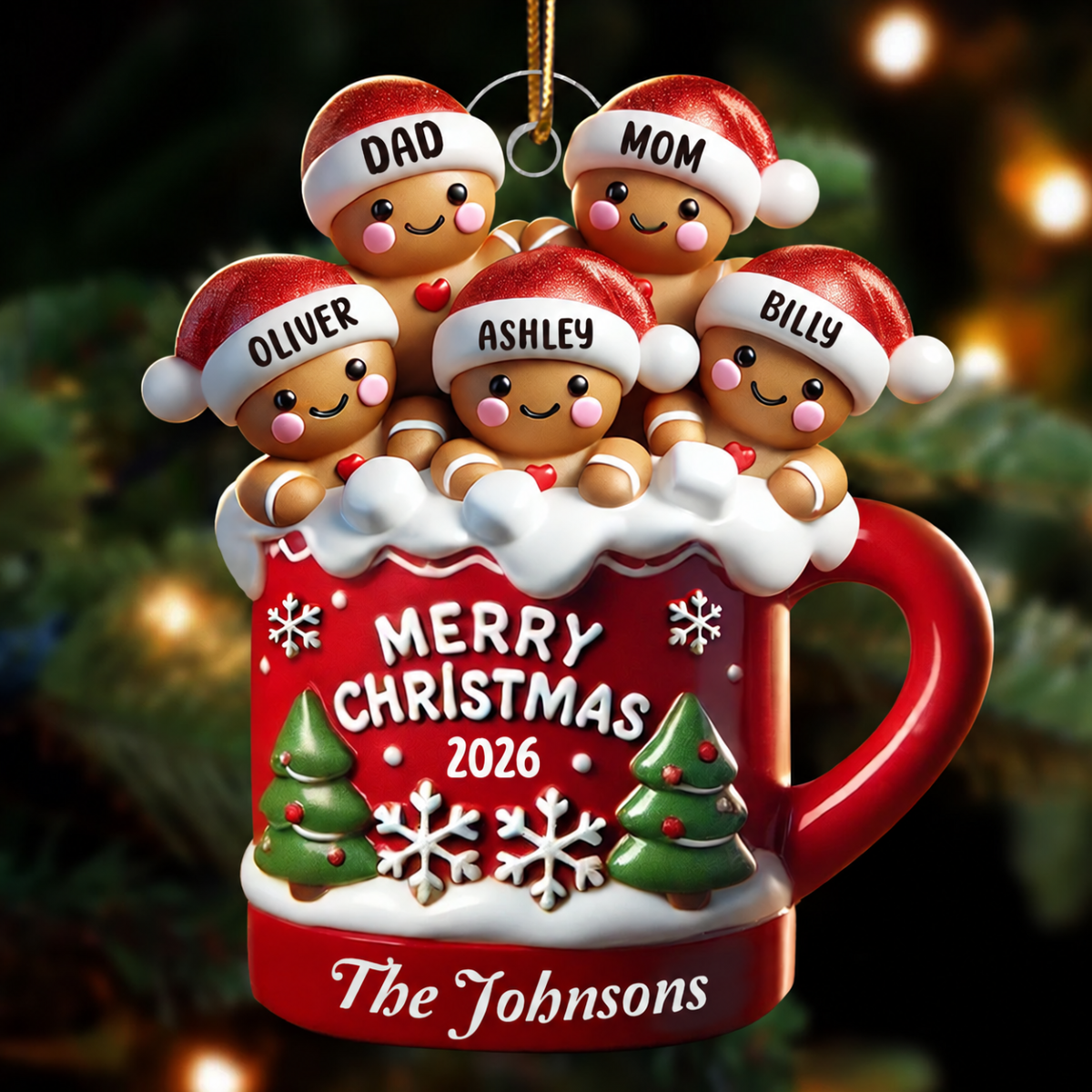Gingerbread Family In Hot Cocoa Christmas Decor - Personalized Acrylic Ornament