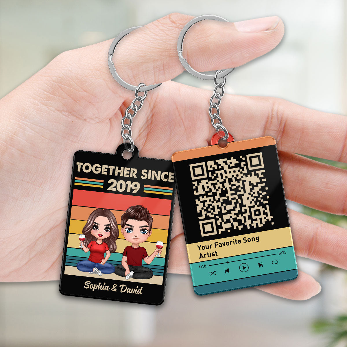 Retro Background Doll Couple Sitting Favorite Song Scannable QR Code Personalized Acrylic Keychain