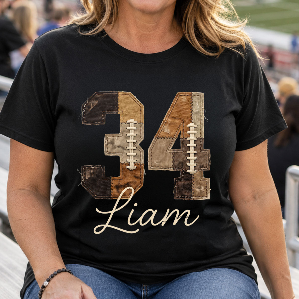 Custom Football Number and Name - Personalized Shirt - Sports Mom Faux Patchwork Tee, Game Day