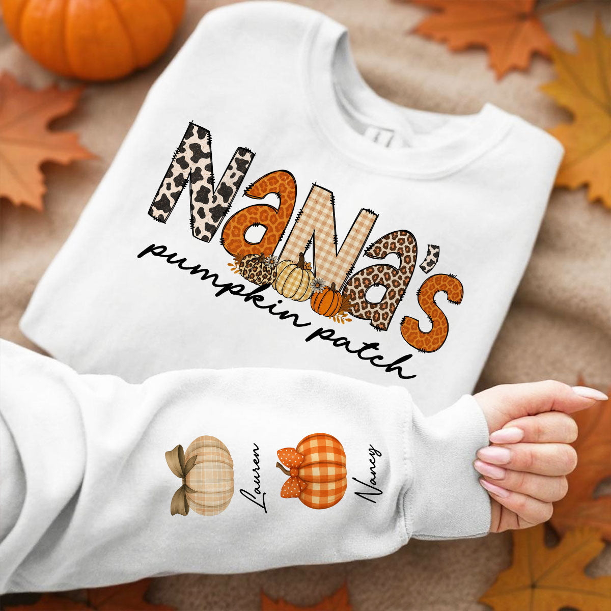 Grandma's Little Pumpkins Leopard Fall Pattern Personalized Sweatshirt, Fall Clothes Cozy Vibe for Grandma Mama Gigi Nana