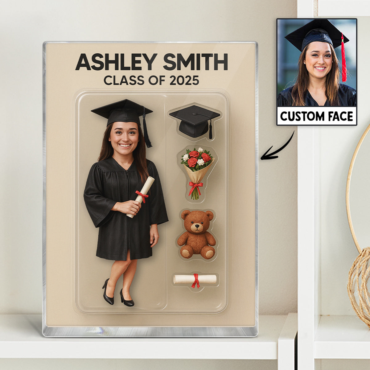 3D Effect Graduate Custom Figure Personalized Flat Rectangle Acrylic Block Plaque, Unique Keepsake, Graduation Gift [FEMALE version ONLY]
