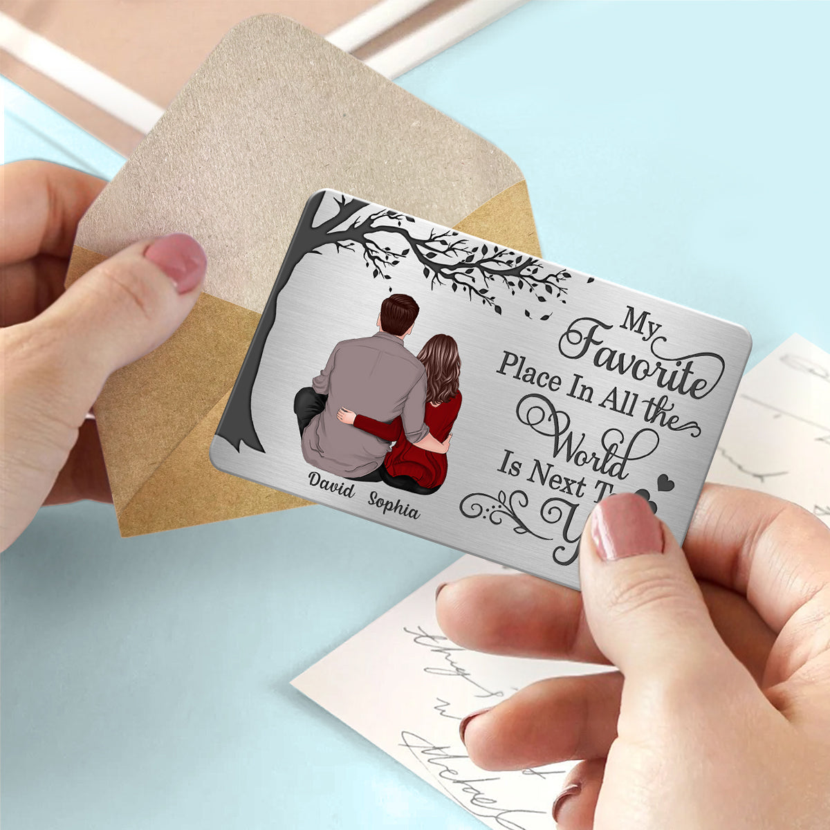Back View Couple Sitting My Favorite Place In All The World Is Next To You Personalized Metal Wallet Card