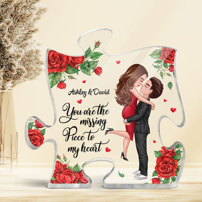 The Missing Piece To My Heart Kissing Couple Rose Pattern Personalized Puzzle Acrylic Plaque - Anniversary Gift For Couple - Gift For Him Gift For Her