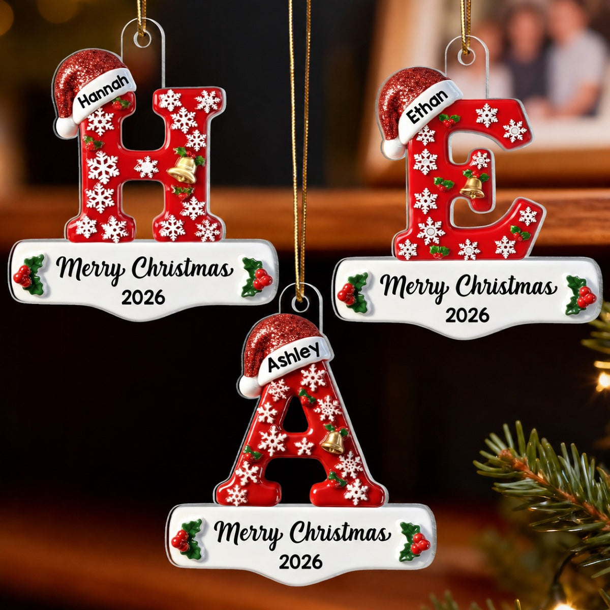 3D Effect Christmas Festive Initial Name - Personalized Acrylic Ornament