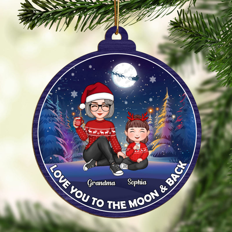 Cute Grandma Grandkids Christmas Moon Night Colorful Tree Personalized Wooden Ornament