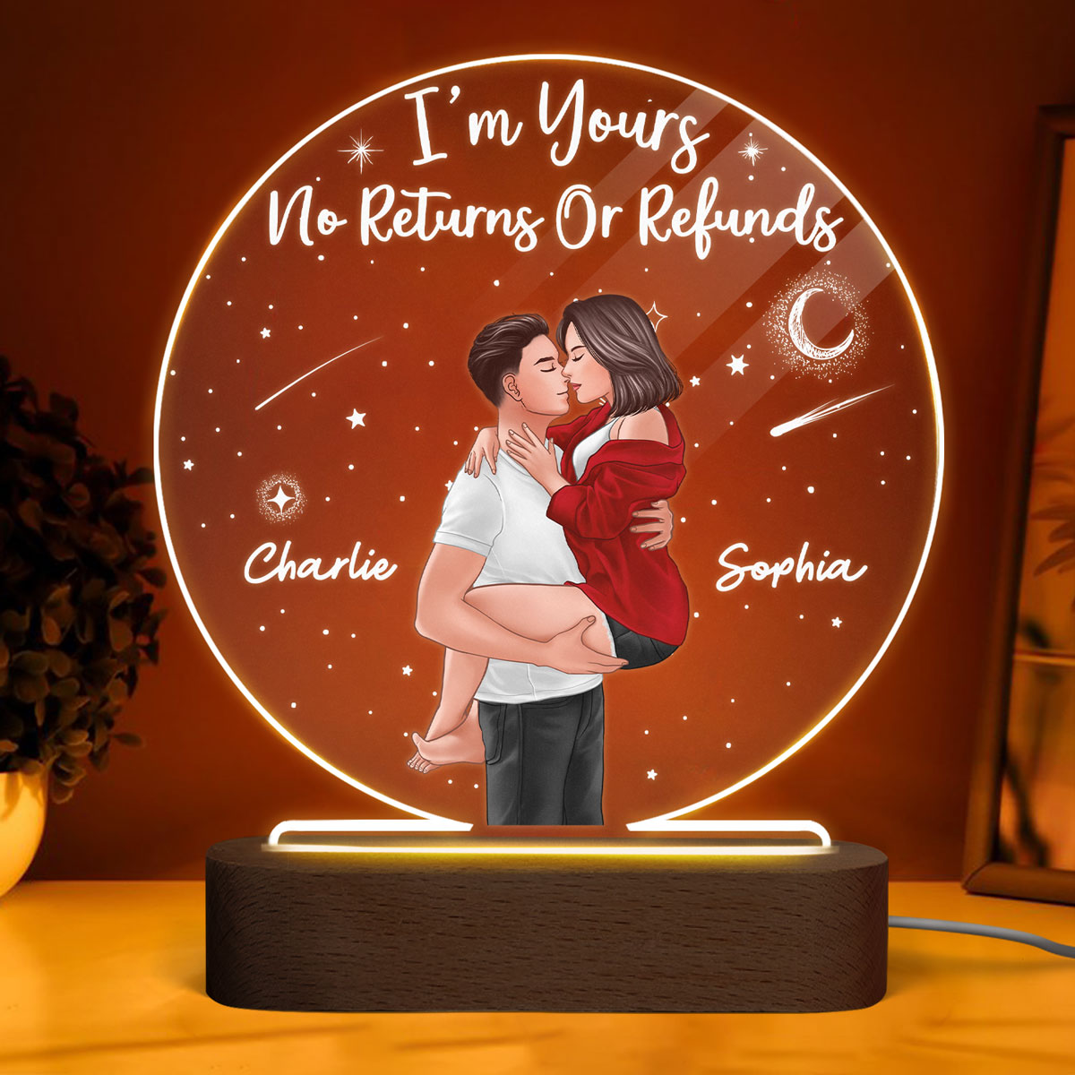 Galaxy Man Holding Woman Kissing Couple Personalized Circle Acrylic Plaque LED Night Light