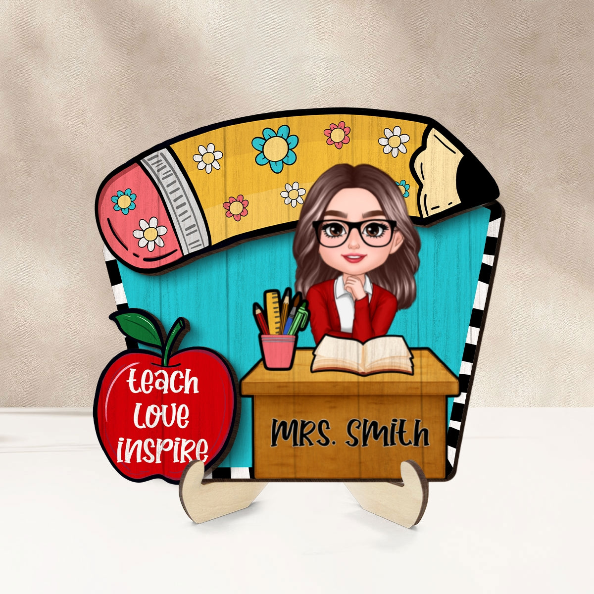 Doll Teacher Sitting At Table Personalized 2-Layer Wooden Plaque, Back to school gift