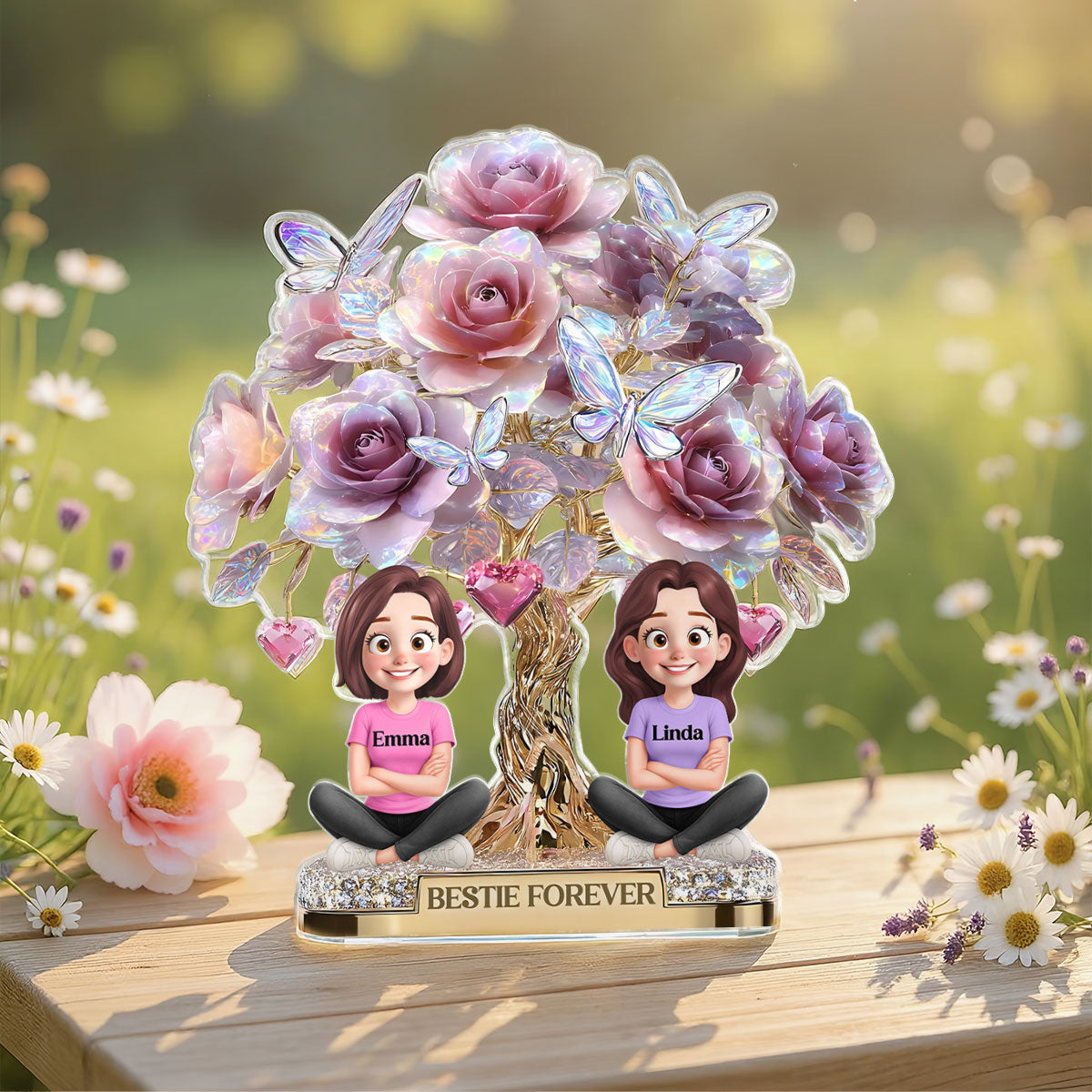 3D Effect Rose Tree Besties Sisters Personalized Acrylic Block Plaque